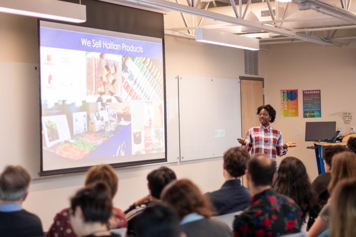 A student presents their social impact initiative during Olin College's ADE Tech Day in 2020