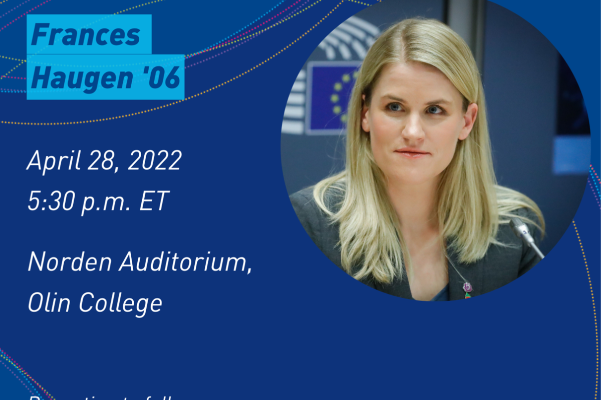 Frances Haugen '06 speaking at Olin College of Engineering on April 28, 2022.