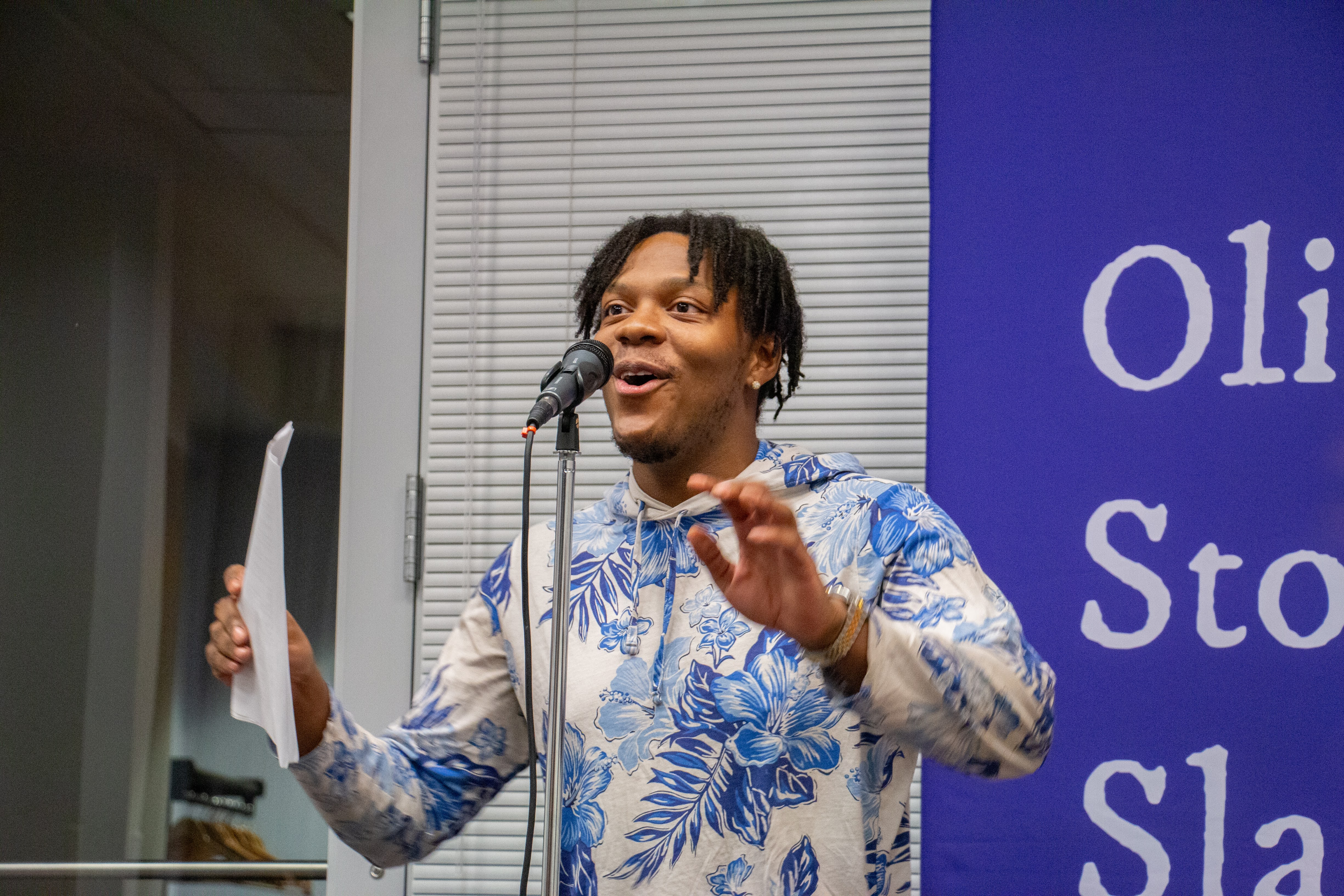 Olin Story Slam: Dre Hilton performing his piece RUOK during Candidates Weekend