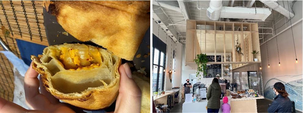 Left: Closeup of the interior of a cheese-filled pastry. Right: The interior of a bright, modern cafe.
