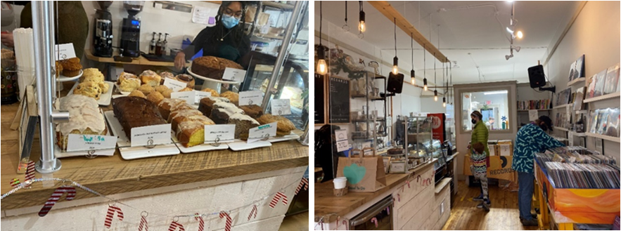 Left: A bakery case full of treats. Right: People browsing in a bright, modern cafe.