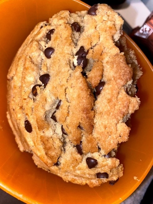 A cookie with chocolate chips on a plate.