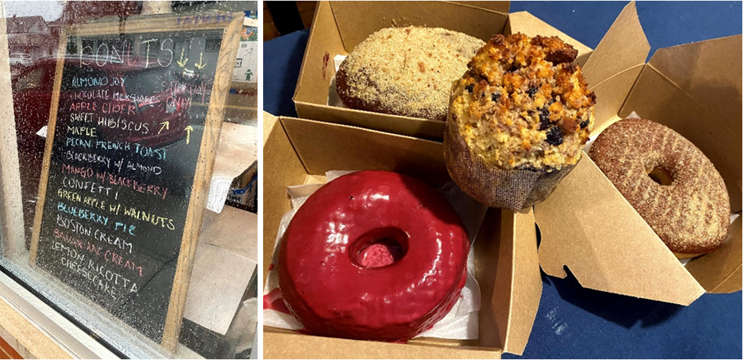 Left: Chalkboard menu of donuts in a rainy cafe window. Right: Closeup of donuts and a muffin in bakery boxes.
