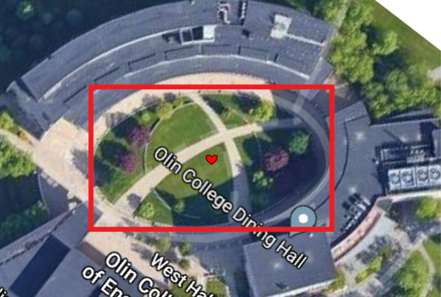 Another aerial view of the Olin O, this time with the geometric center marked.