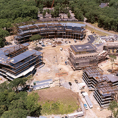 An aerial photo of the Olin College campus under construction