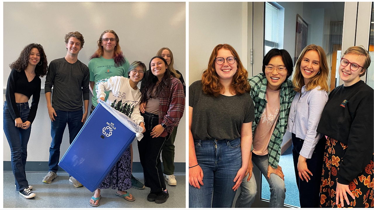 Ten students pose for a photo, with one group holding a blue garbage/recycle bin