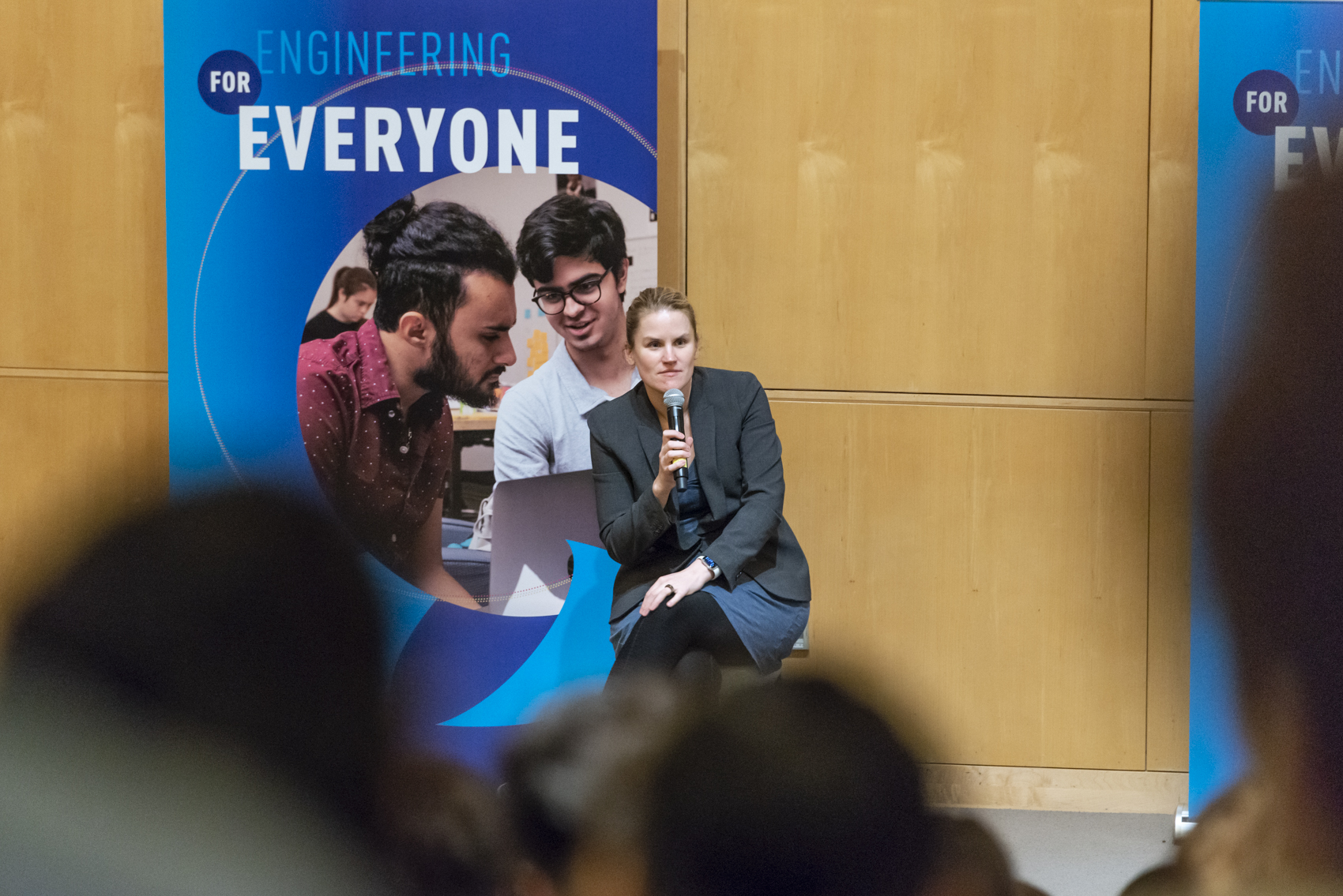 Frances Haugen '06 is photographed in Norden Auditorium during a speaking event at Olin in 2022.