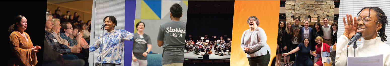 Banner with multiple images from Story Lab events. Images include photographs of audience members, speaker/storytellers on stage, etc. 