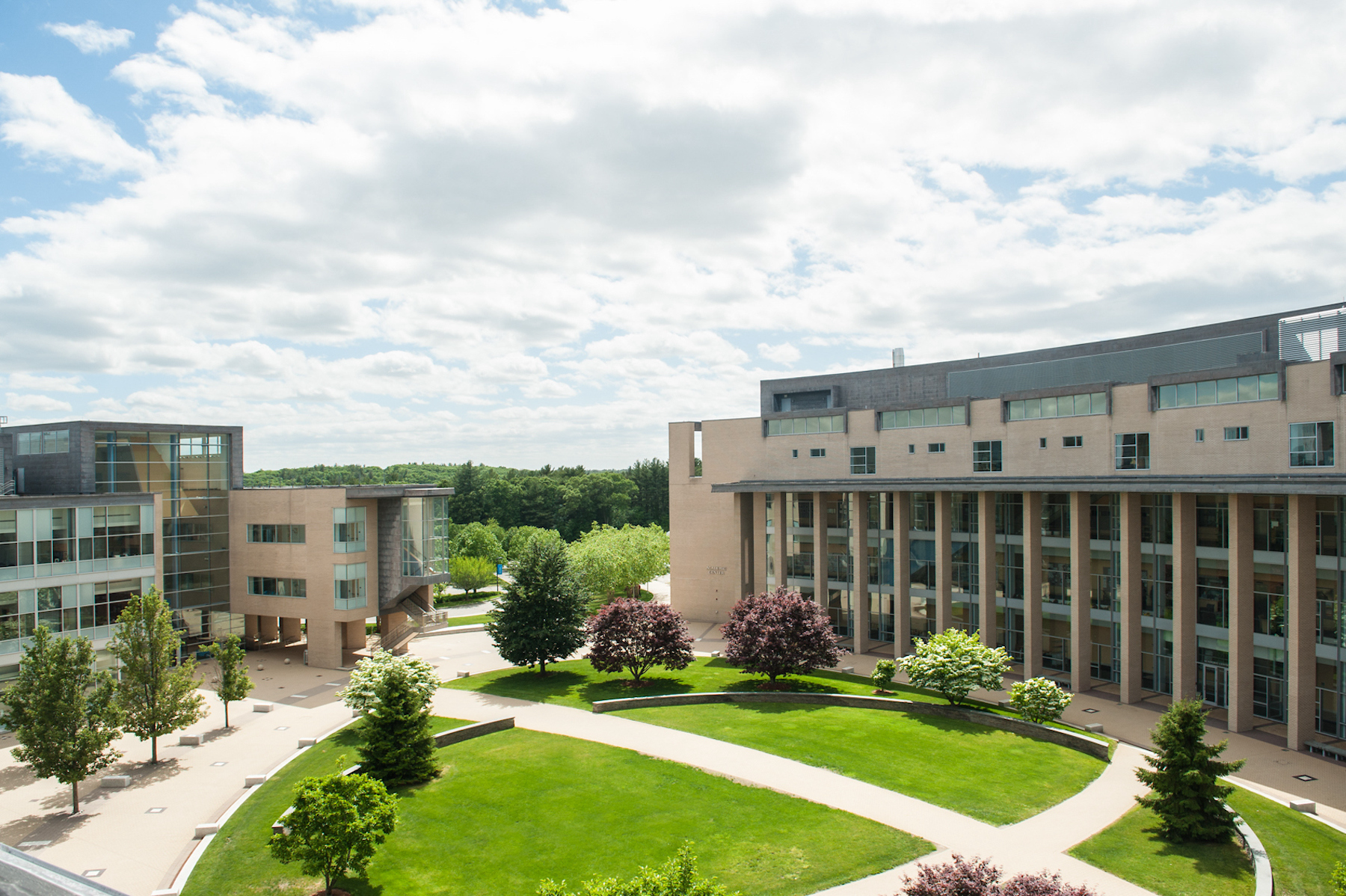 An aerial photo of Olin College of Engineering's campus in spring.