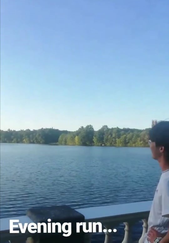 A person looking out on a lake with trees in the distance.