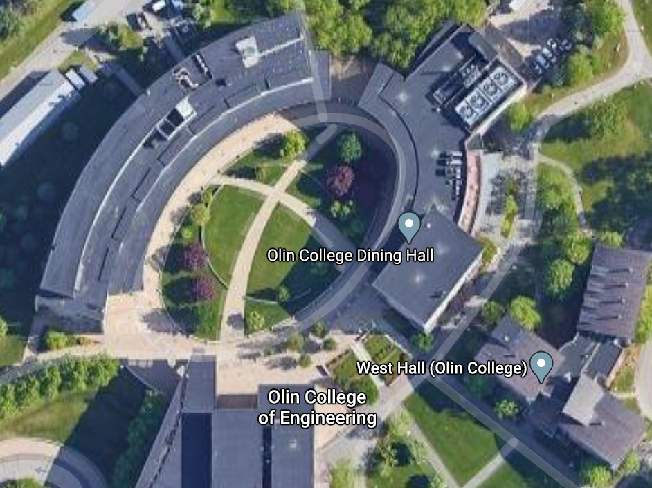 Aerial view of Olin's campus showing the Olin O.