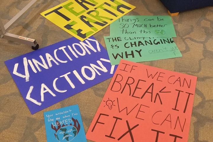 Climate Strike signs made by Olin College of Engineering students