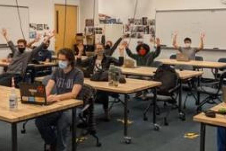 Olin Baja students hold a socially distanced and masked hybrid practice in the MAC.