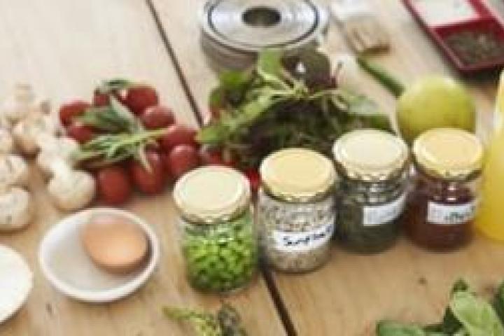 Various vegetables and cooking ingredients.