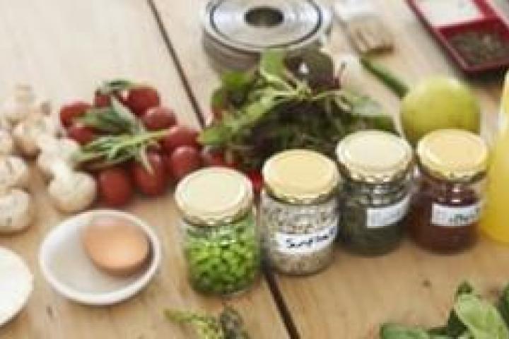 Various vegetables and cooking ingredients.