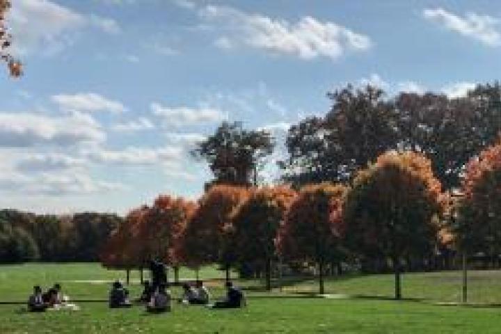 Olin's Great Lawn in fall, with students hanging out.