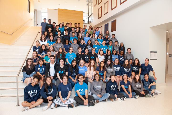 A photo of the 85 members of the Olin College of Engineering Class of 2023