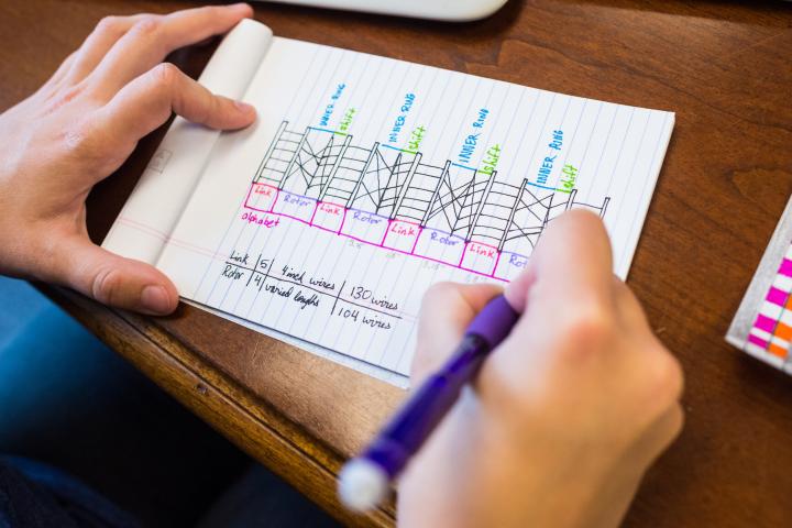 A sketch of engineering formulas on a white notepad in different color pens.