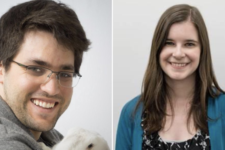 Michael Heyns '13 and Mariah Moon '13 Man with brown hair and glasses headshot next to woman with brown shoulder-length hair and light blue sweater top smiling at camera.