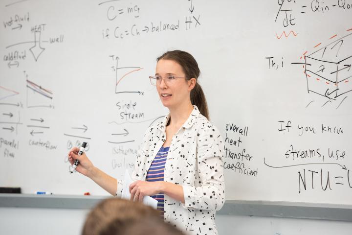 A photo of a woman standing in front of a class with a whiteboard in the background