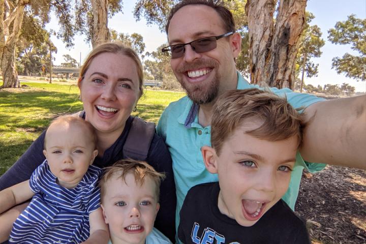 Kevin Tostado '06 with Francys Scott and kids Elizabeth, Sam, and Luke (L to R) in San Diego in 2021. Kevin Tostado '06 with Francys Scott and kids Elizabeth, Sam, and Luke (L to R) in San Diego in 2021.