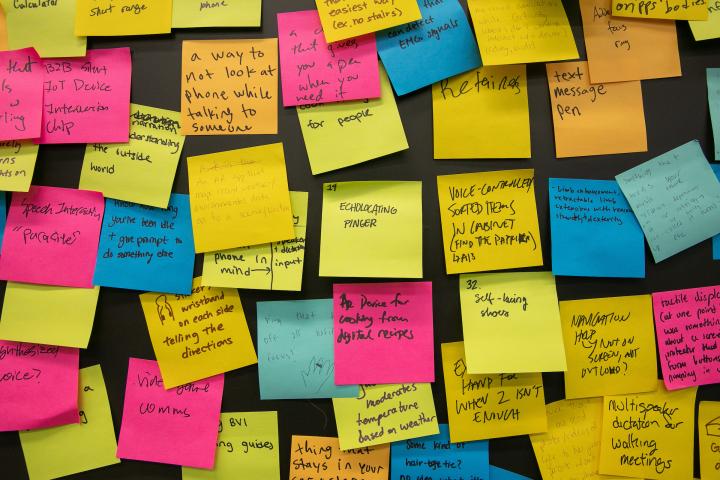 An arrangement of multi-colored sticky notes adorn a classroom wall.
