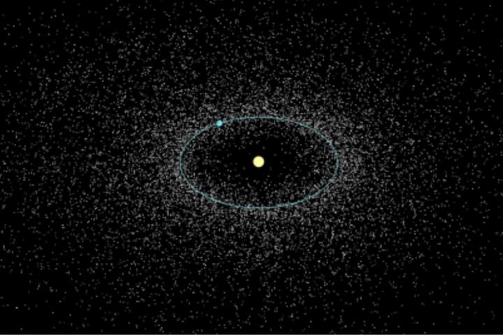  The Earth (blue) orbits the sun (yellow) on an elliptical path (blue), surrounded by near-Earth asteroids (gray). Image is not to scale. 