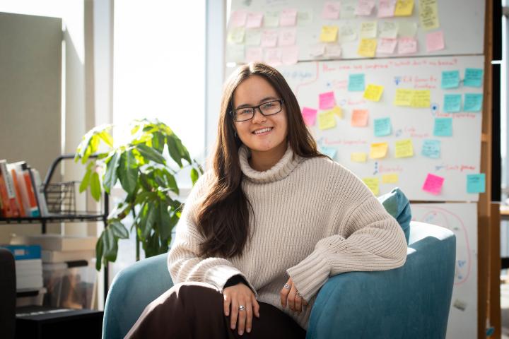 Natsuki Sacks '24 poses for a Humans of Olin photo in the MAC.