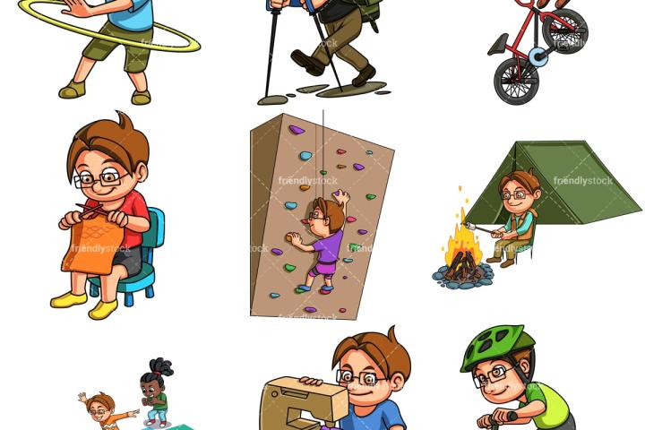 Cartoon of kid doing multiple activities like riding a bike, rock climbing, and knitting