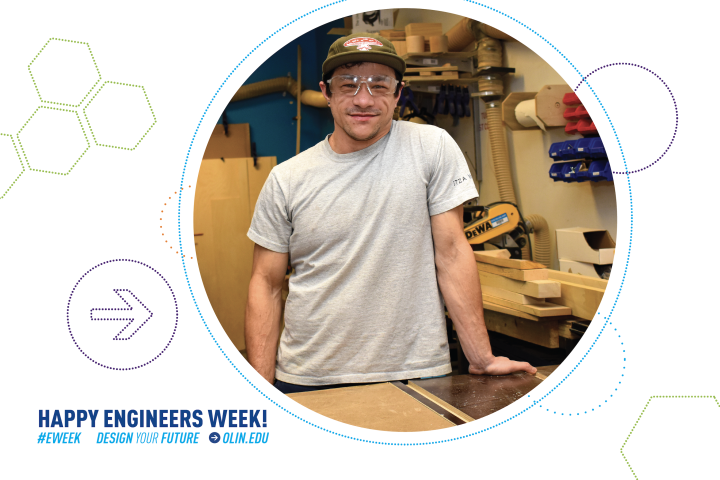 Dyllan Nguyen is shown standing in the Olin Wood Shop.