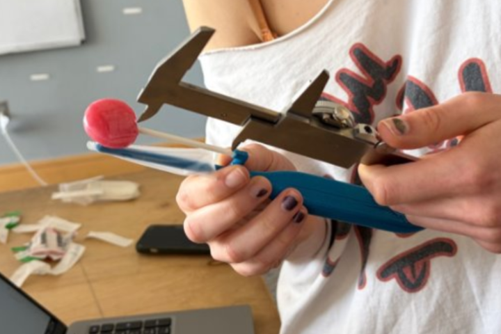 A student in Olin's Biomedical Device Design course is pictured using a caliper to measure a prototype medical device.