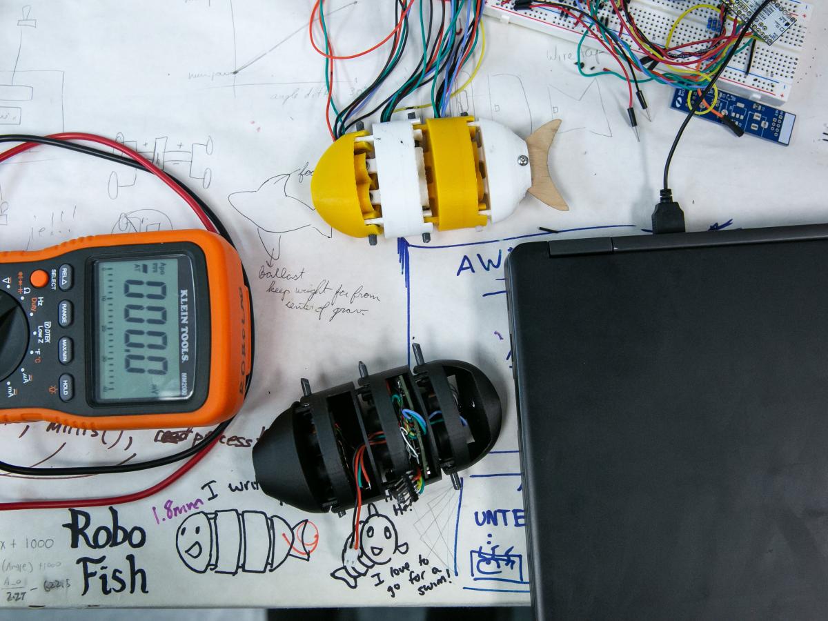 A photo of a computer and two plastic robotic fish prototypes on a piece of white butcher paper