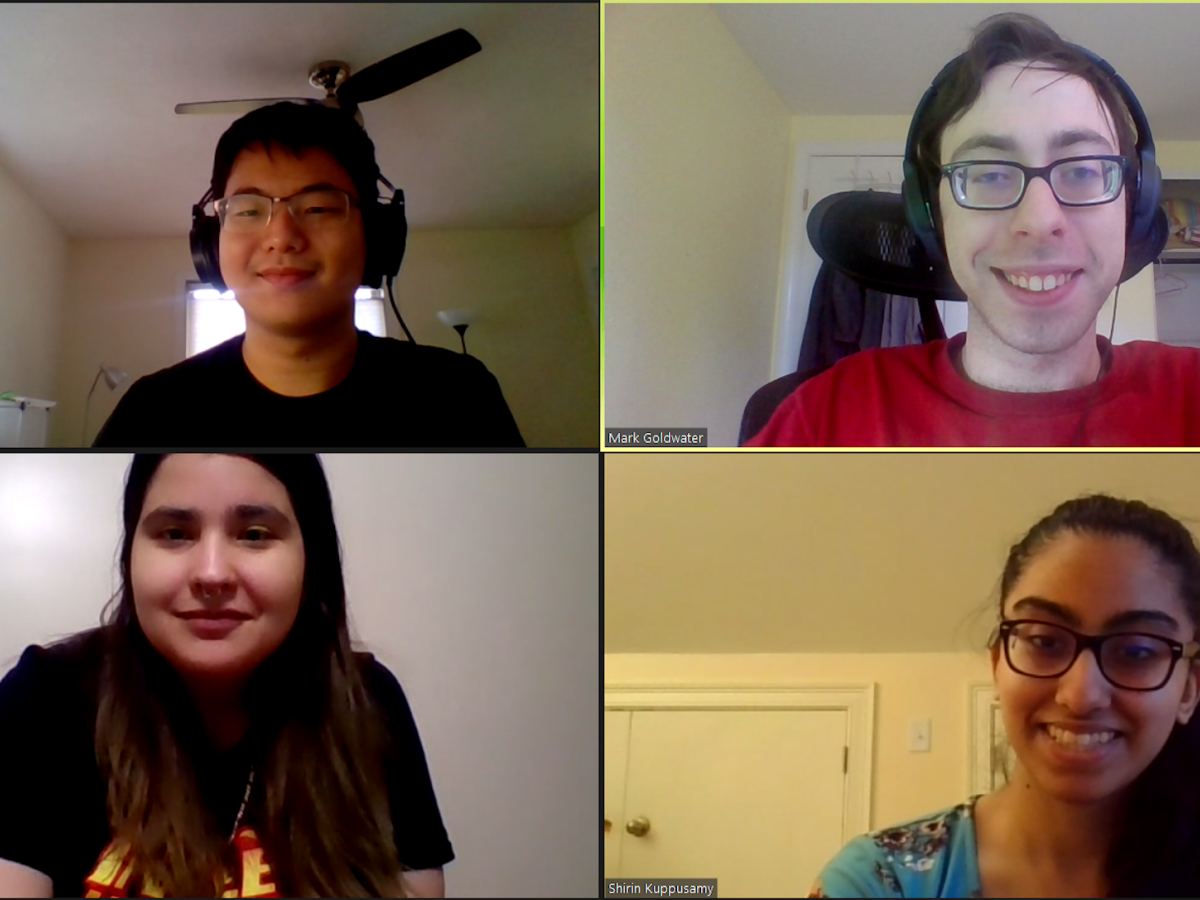 Four Olin students, shown here in a Zoom call, organized a remote Ethics in STEM workshop in 2020 for middle school and early high school students. Four students, three with glasses and all smiling, shown in a screenshot from a zoom call.