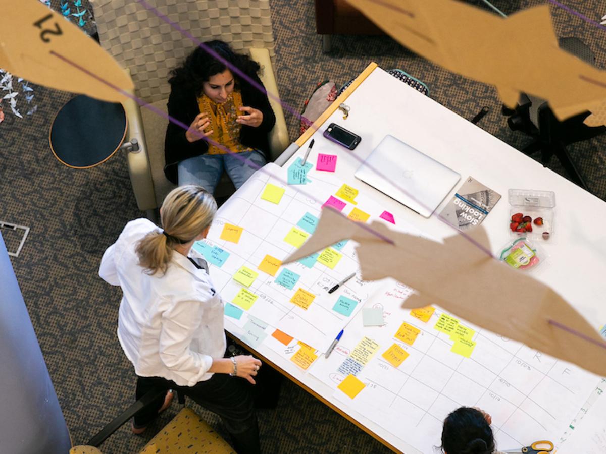 A birds-eye view of two people working on a white table, filled with sticky notes and a shark-like cut-out.