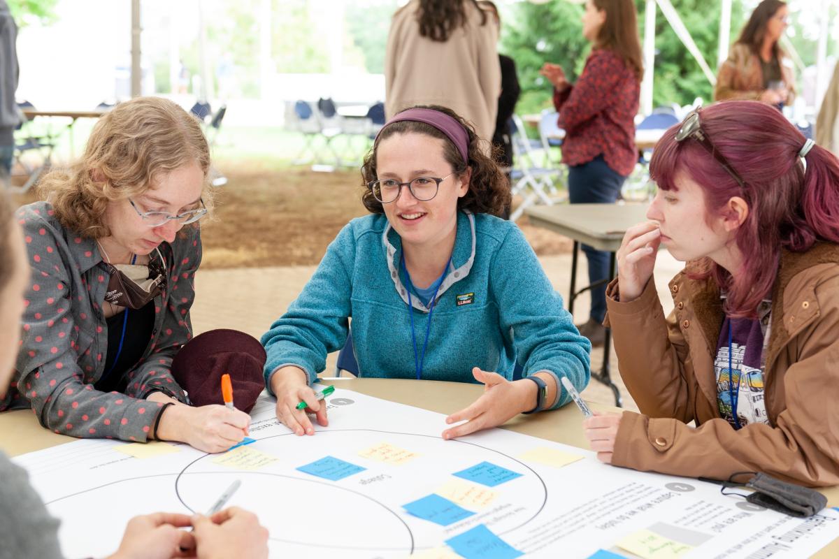 A photo of three women sitting at a round table with a large piece of paper with stickie notes on it between them