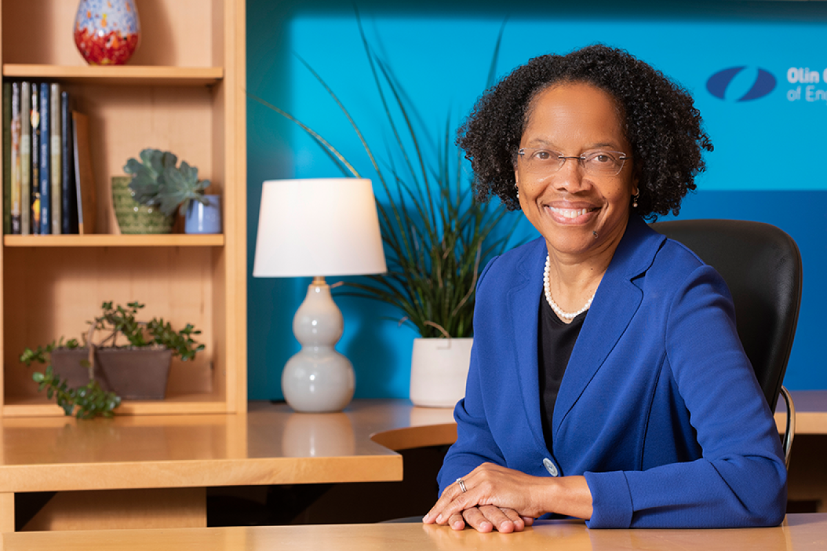 A photo of Olin College President Gilda Barabino behind her desk
