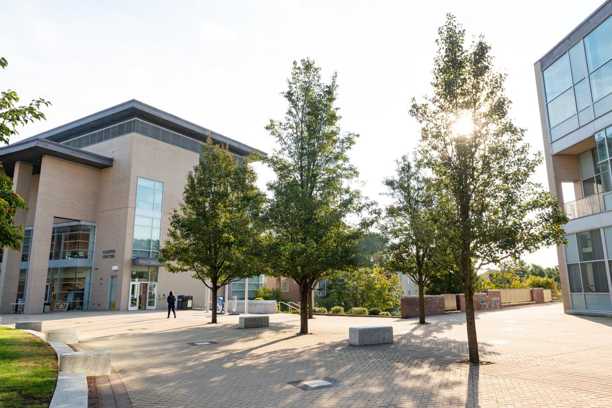 A view of Olin's Campus Center through the trees