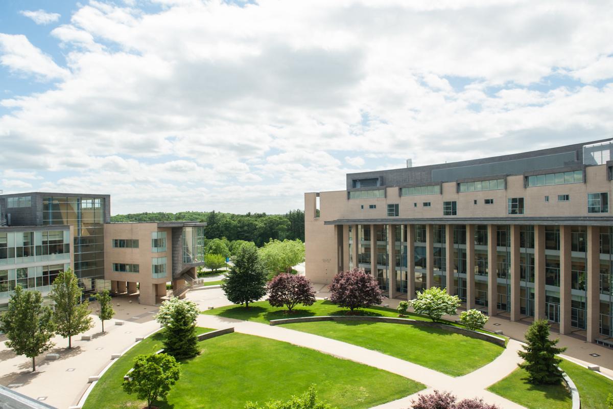An aerial photo of Olin College of Engineering's campus in spring 2016.