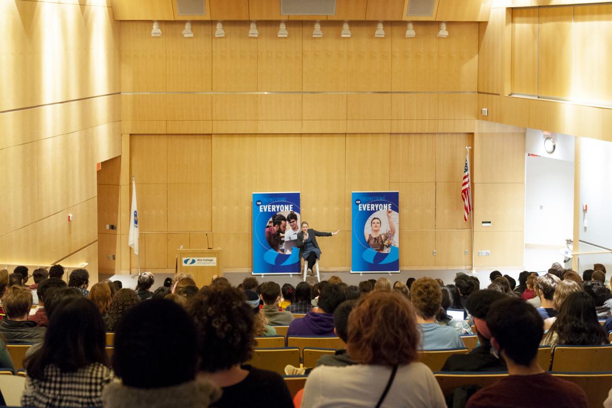 The Olin College Norden Auditorium is pictured full of people listening to Frances Haugen '06 talk about ethics and accountability in tech on April 28, 2022.