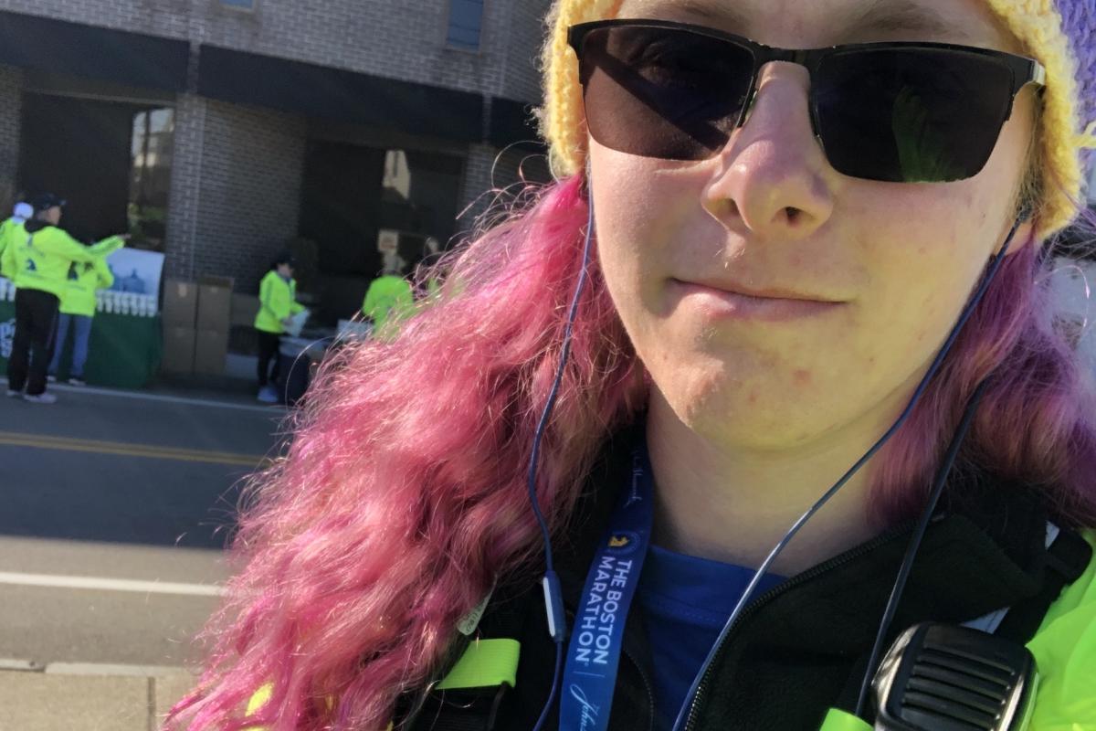 Brooke Moss '25 takes a photo at the 2022 Boston Marathon.
