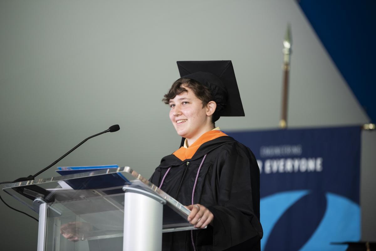 Riley Zito '22, Class Commencement Speaker, addresses the audience on May 15, 2022. Riley Zito '22, Class Commencement Speaker, addresses the audience on May 15, 2022.