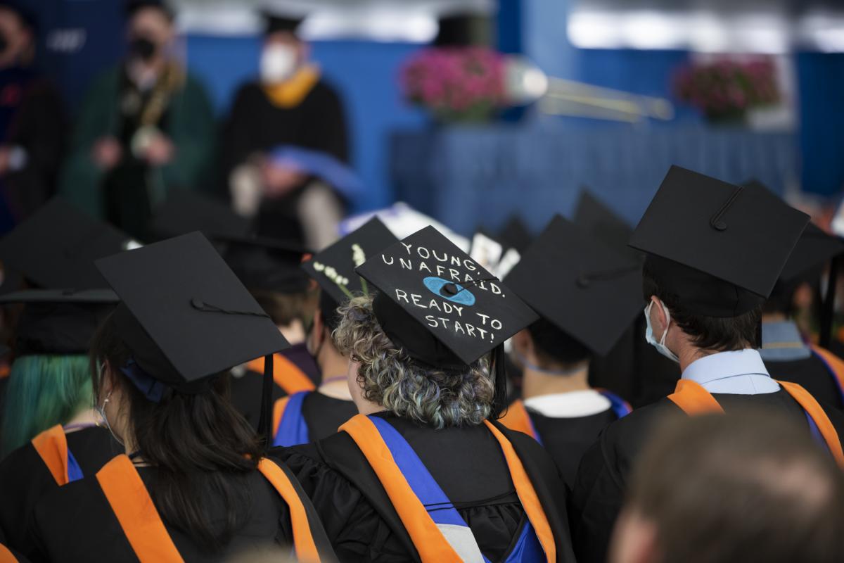 A sea of graduation caps worn by members of the Olin College Class of 2022 are pictured. A sea of graduation caps worn by members of the Olin College Class of 2022 are pictured.