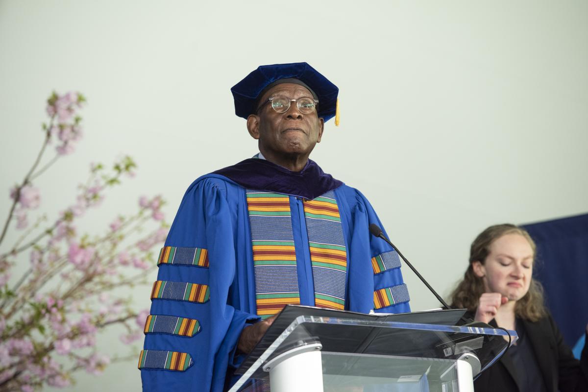 Dr. David Hall, President of the University of the Virgin Islands, stands at the podium during his address at Inauguration on May 5, 2022.