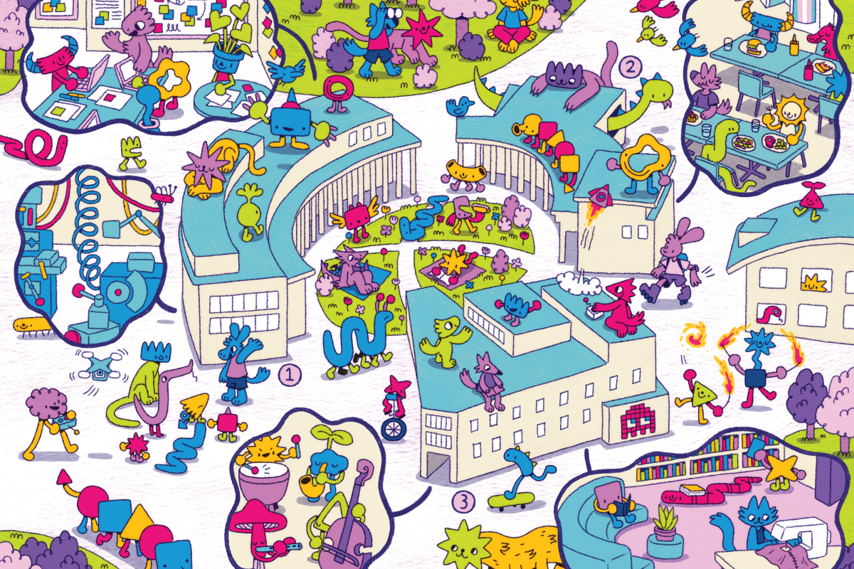 An illustration of the Olin College Oval filled with colorful and unique characters.