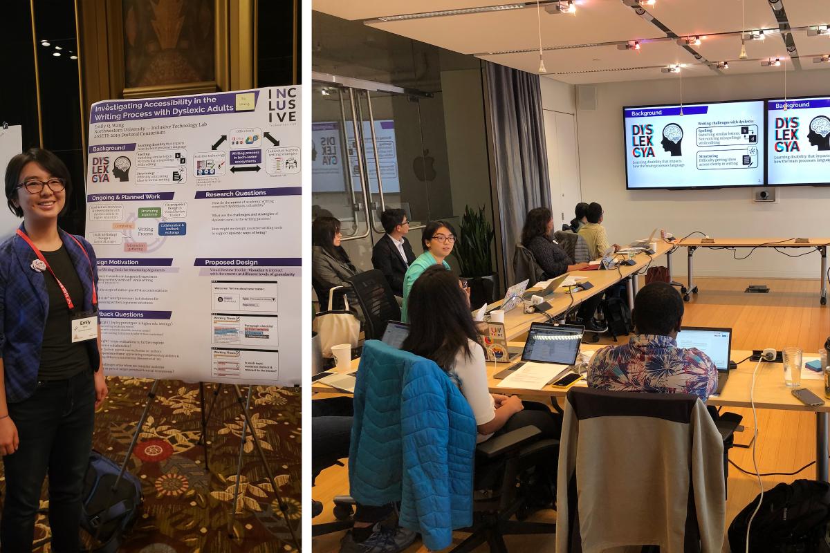Emily presents early stage dissertation research at the 2019 ACM SIGACCESS Conference on Computers and Accessibility’s poster session and doctoral consortium (Fall 2019). Emily presents early stage dissertation research at the 2019 ACM SIGACCESS Conference on Computers and Accessibility’s poster session and doctoral consortium (Fall 2019).