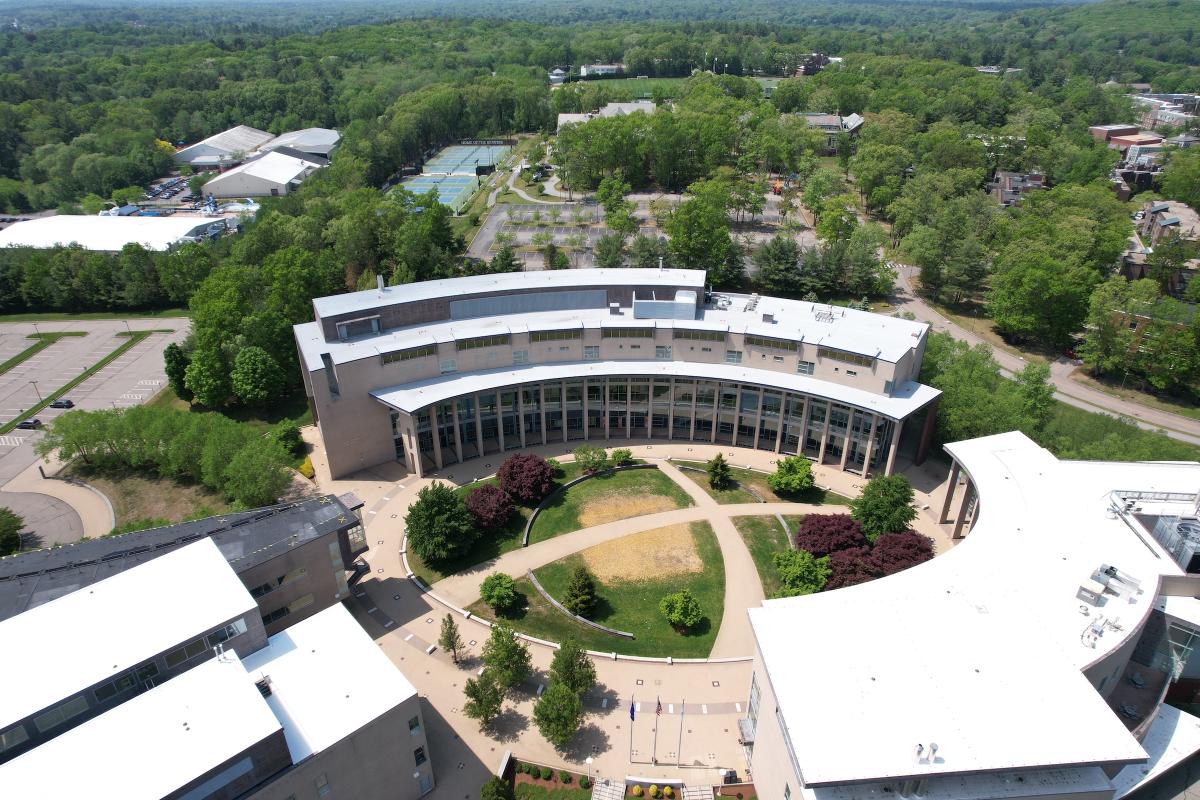 A drone image of Olin College of Engineering's Needham campus.