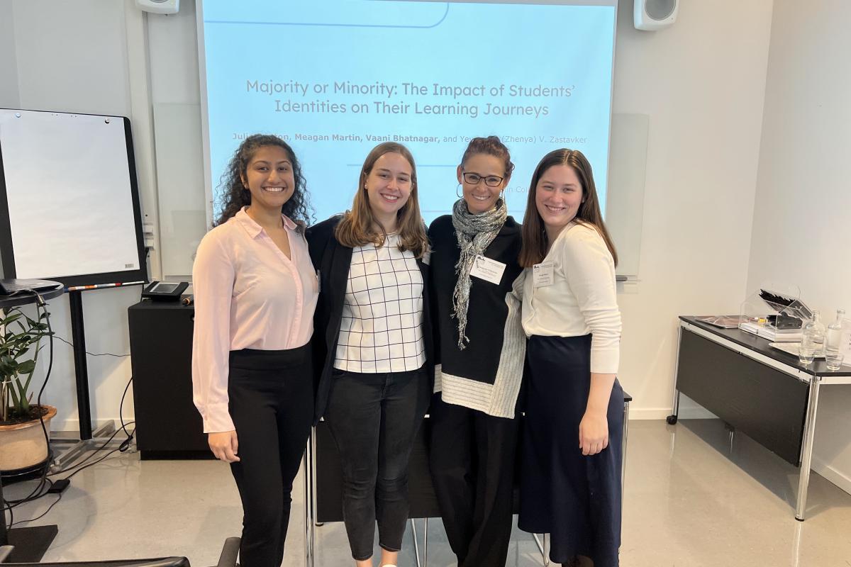 Vaani Bhatnagar, Julia Benton, Professor Yevgeniya V. Zastavker and Meagan Martin smiling at camera