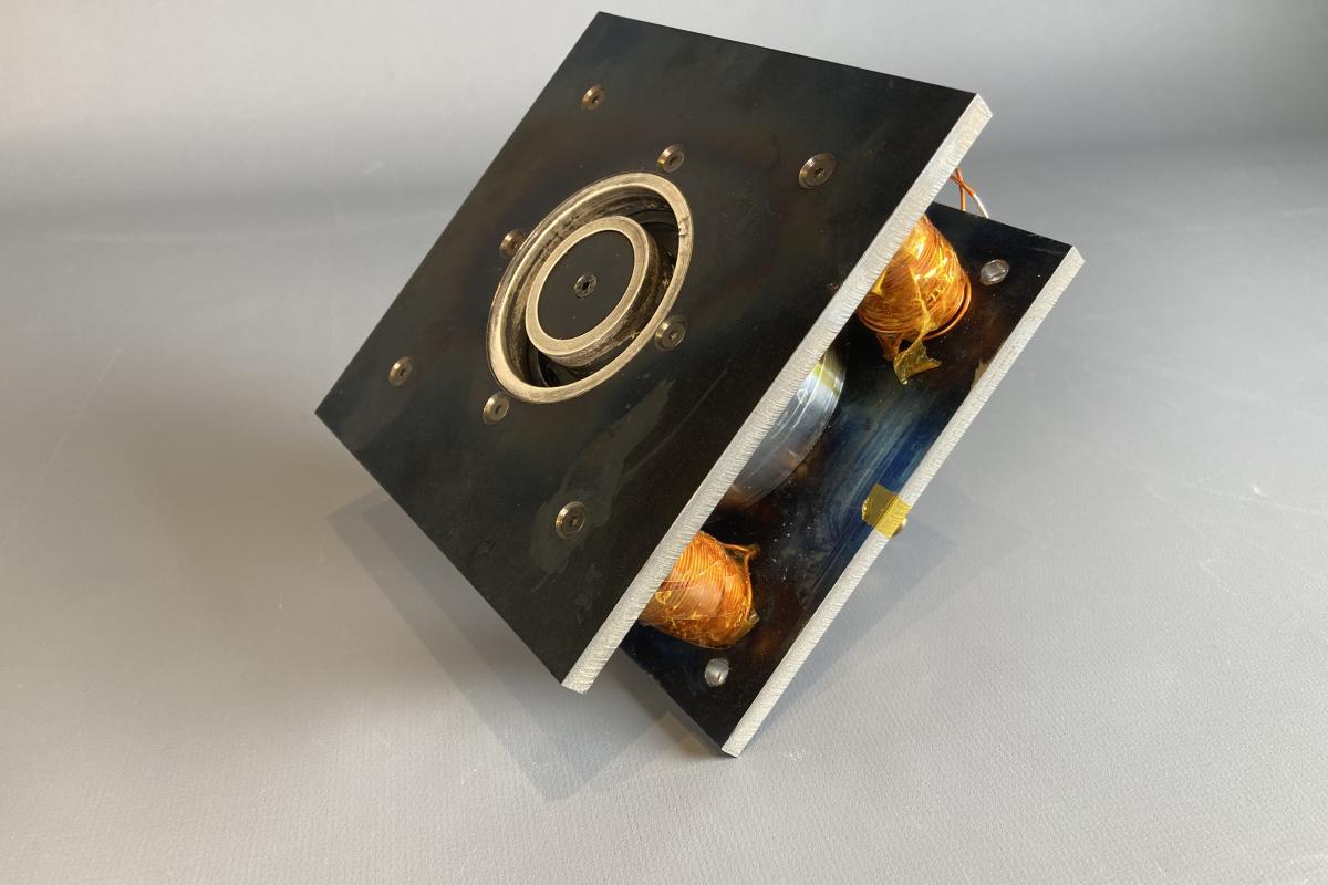 Close-up image of the OPEL students’ ion thruster. Close-up image of the OPEL students’ ion thruster.