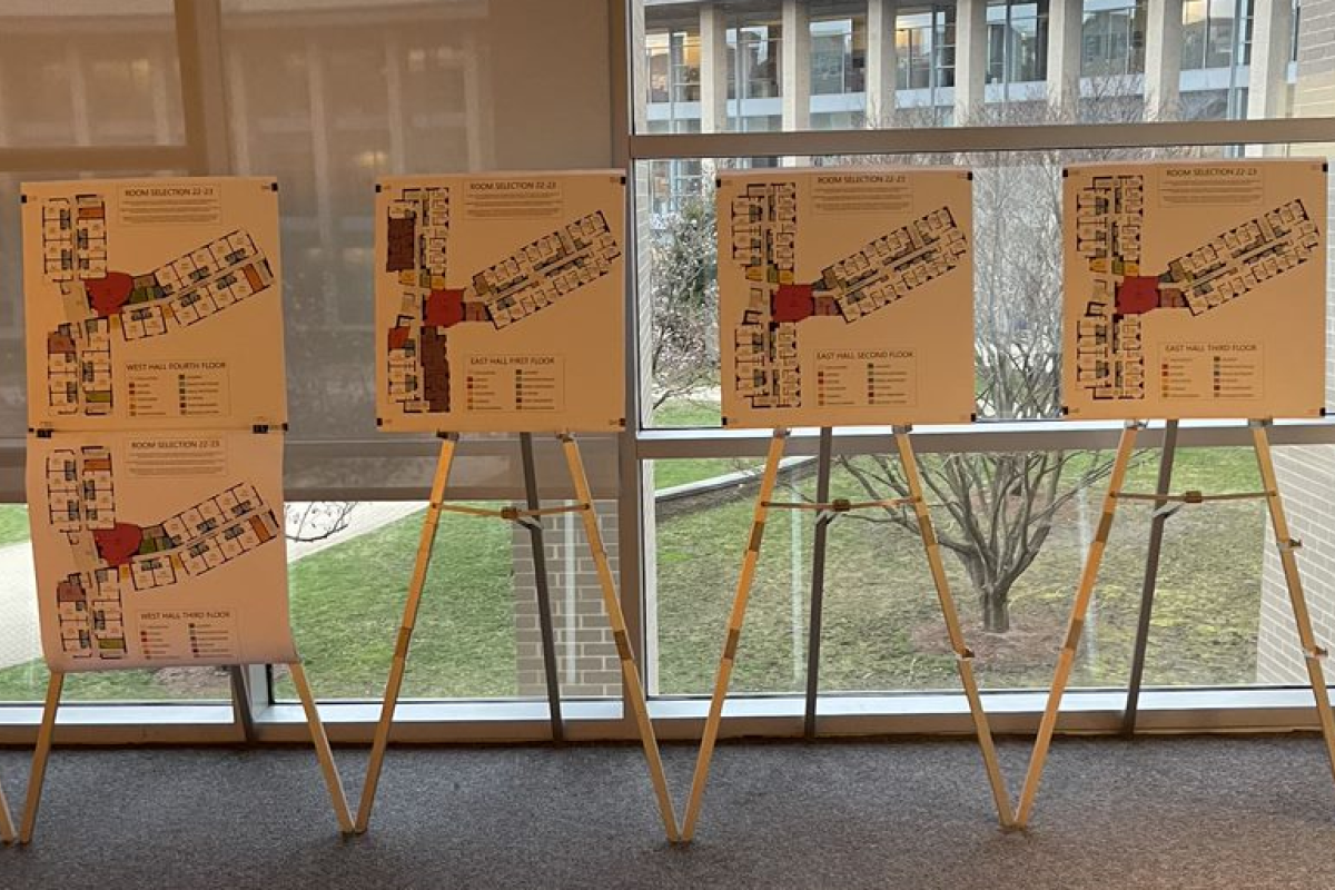 floor plans on stands at dining hall mezzanine prior to 2023-2024 room selection day