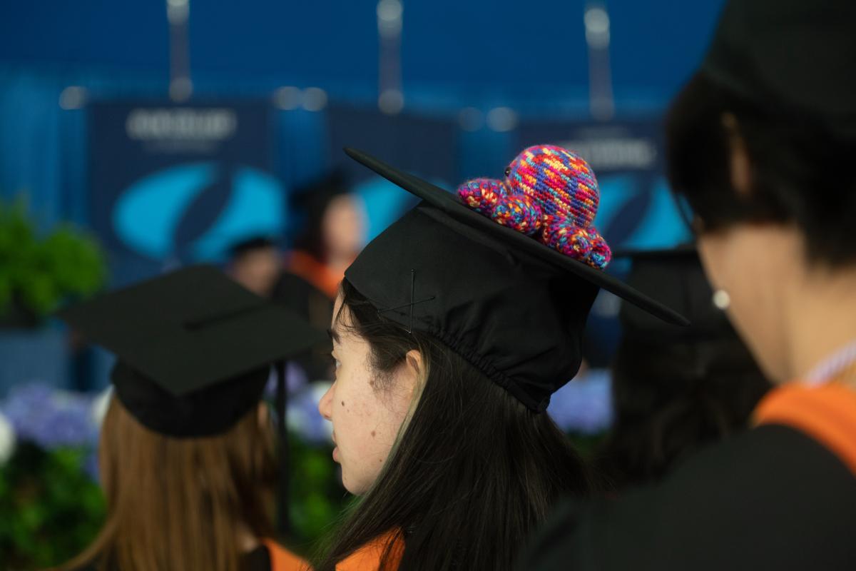 An Olin graduate's cap can be seen, with a knitted octopus atop it and the Olin College logo in background.